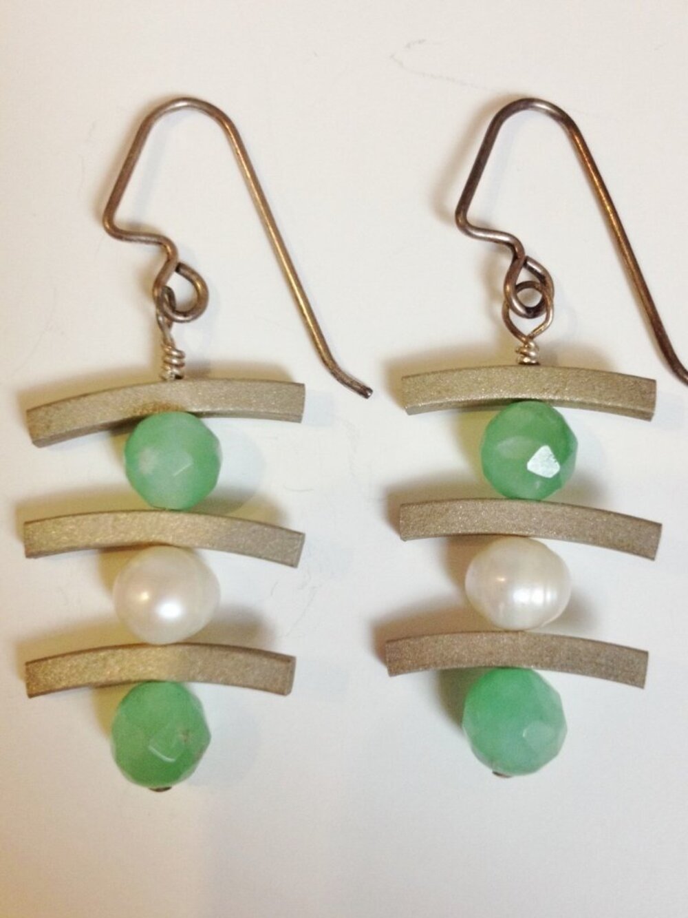 Sterling Silver Onyx Pearl Earrings Asian Handcrafted Green White Unique Pierced